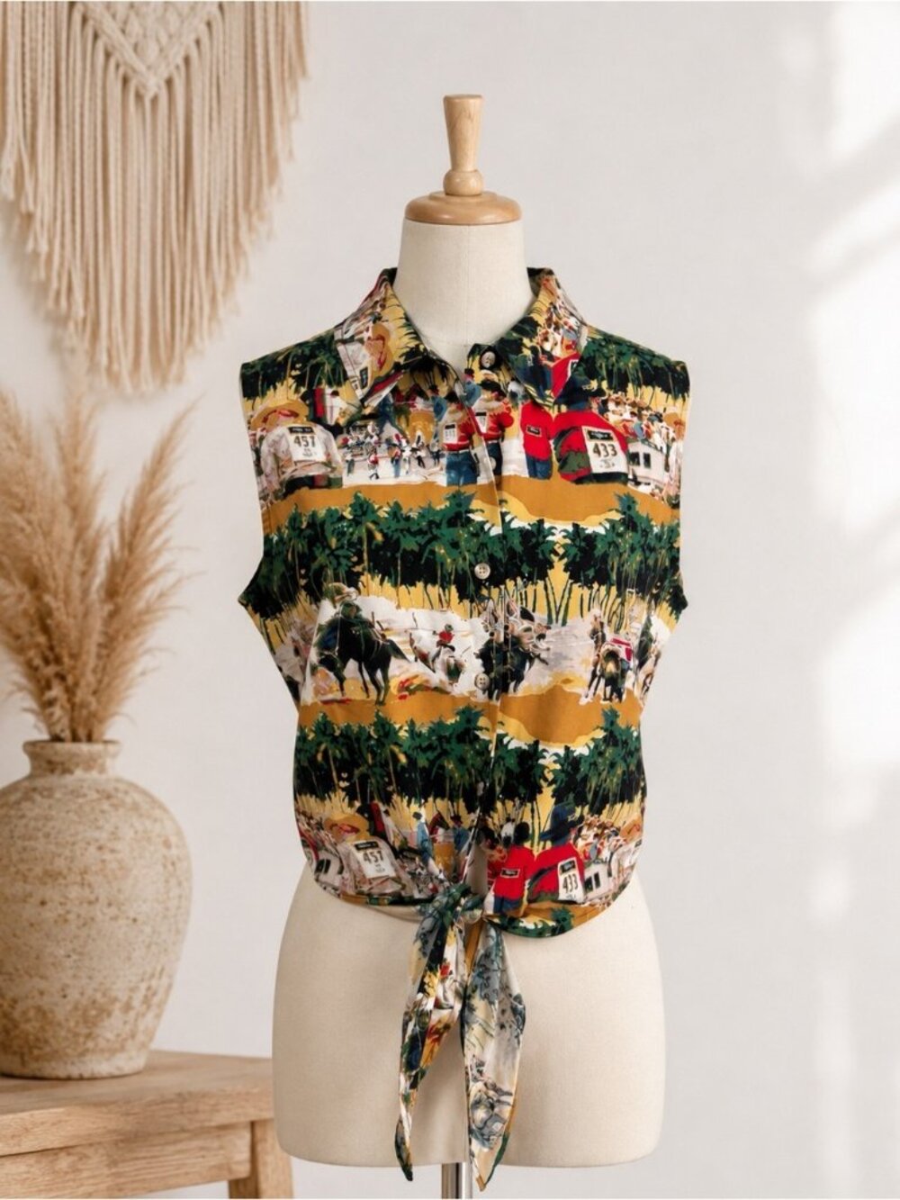 Roper Vintage Western Rodeo Print Tie Front Crop Top 100% Cotton Sleeveless But